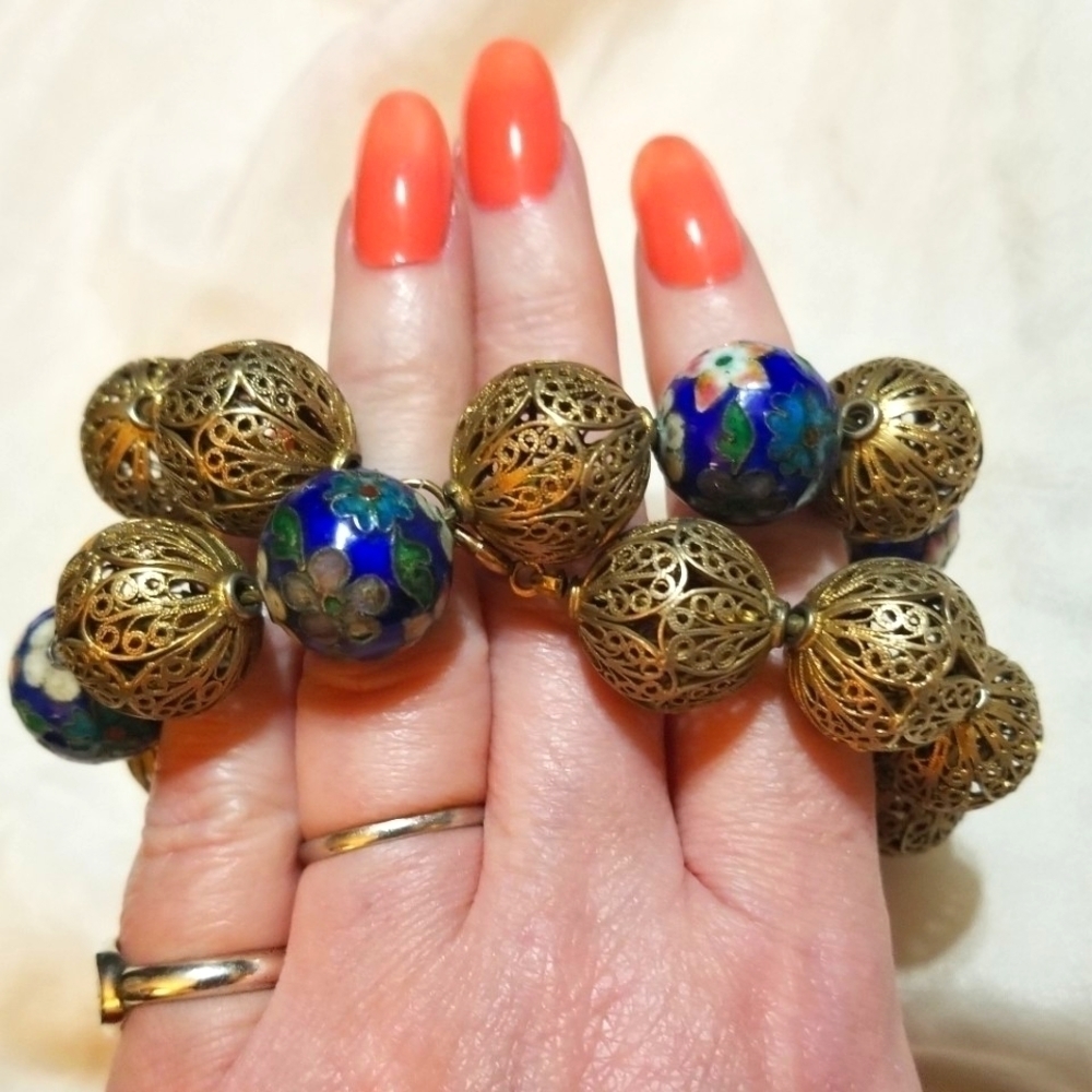 𝅺Antique Chinese Import Cloisonne Filigree Bead Necklace